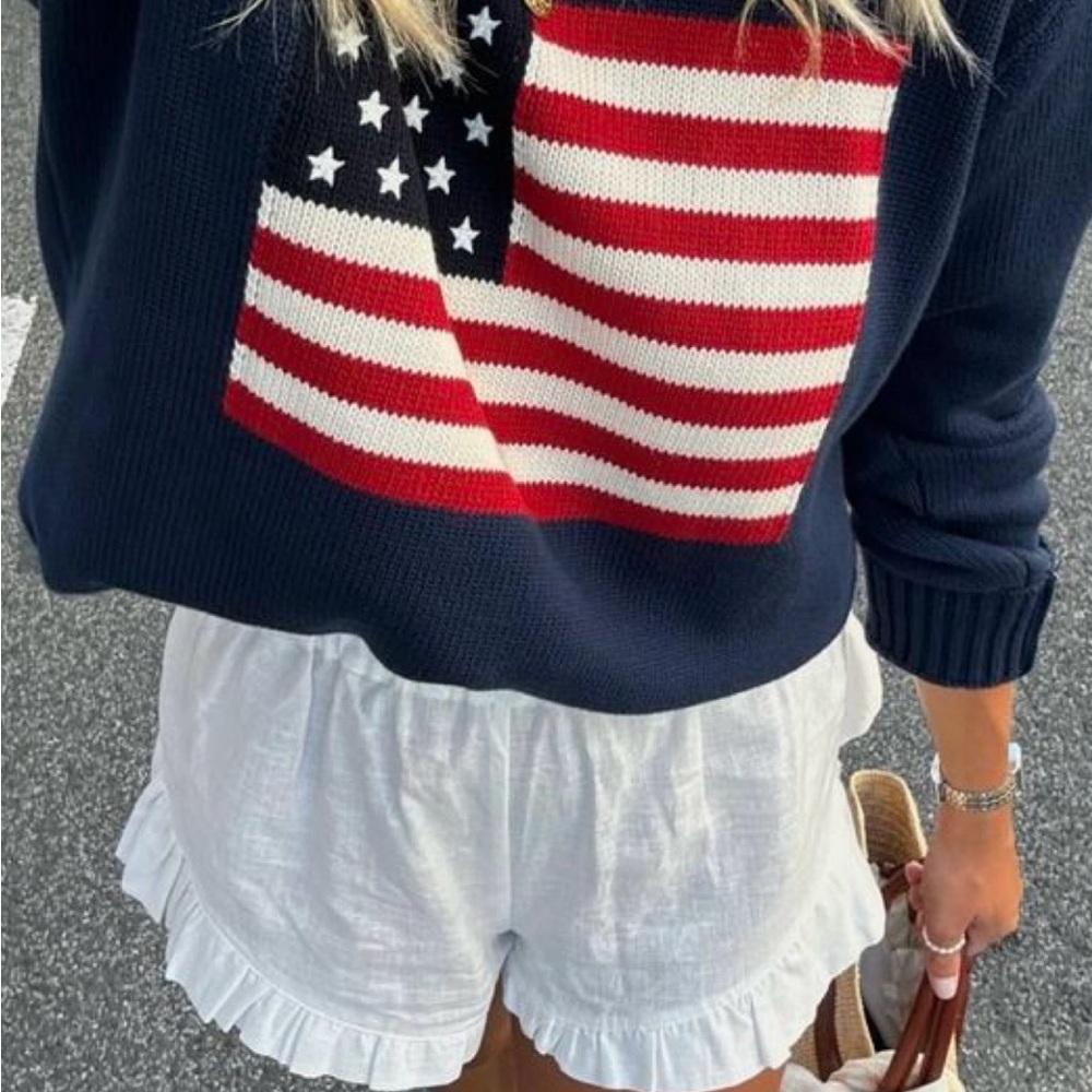 Navy Crewneck Sweater with American Flag Knit